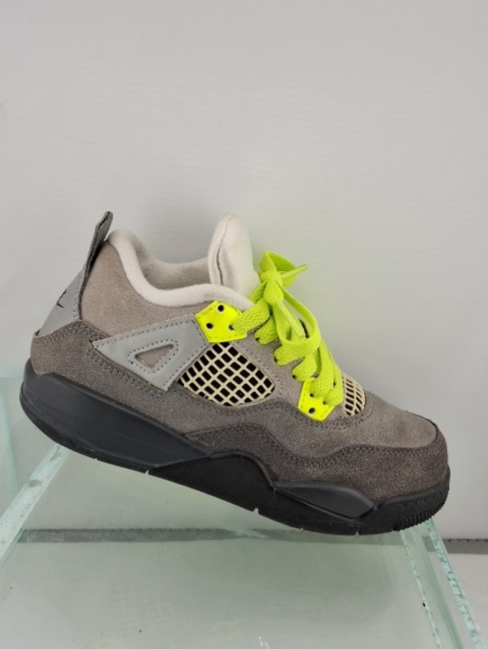 Kids Jordan 4s Gray Suede Sneakers with Neon Yellow Laces